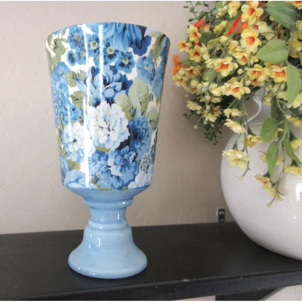 Mark & Graham SANDERSON CERAMIC PEDESTAL VASE 9” Blue Floral